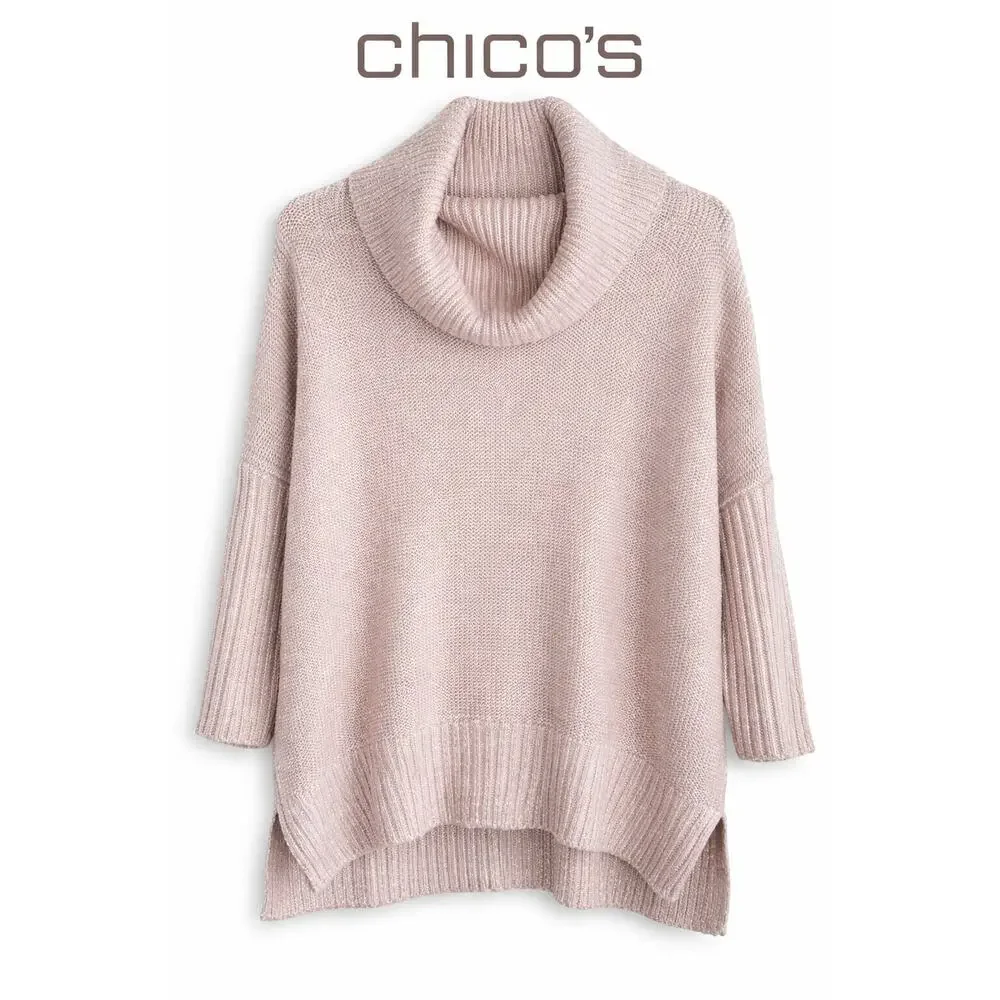 Chico's Cowl Neck Sweater Pink Metallic Knit‎ Size 0 small
